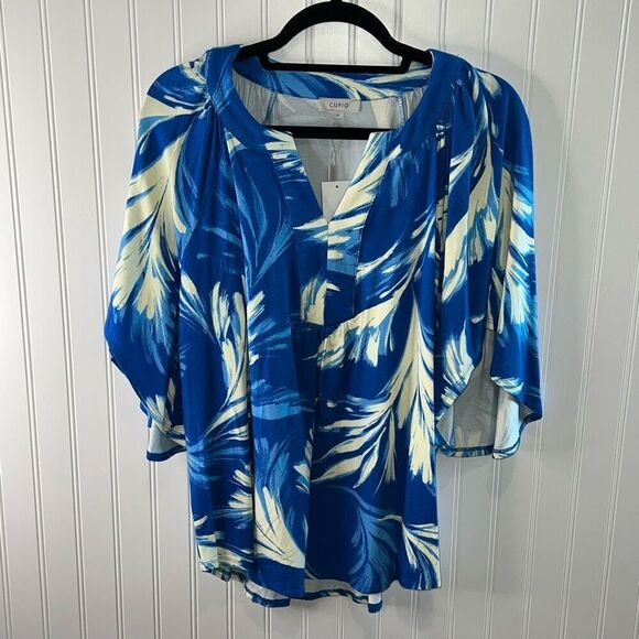 Cupio Flutter Sleeve Blouse Top Women’s 1XL Blue White Tropical Pullover VNeck - Picture 1 of 6